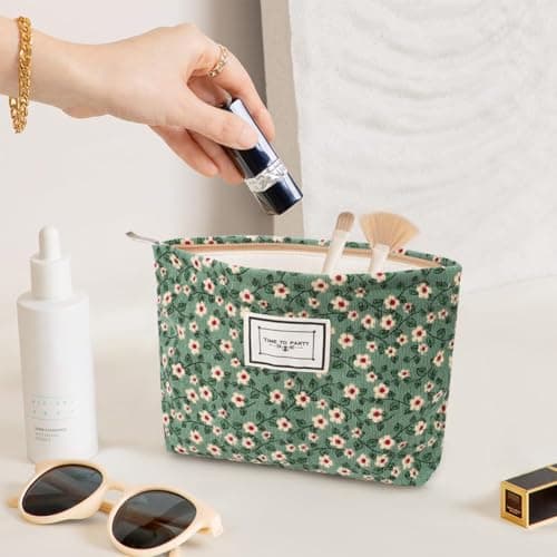 Aucuu Cosmetic Bags, 2 Pcs Small Floral Canvas Cosmetic Bag, Rose Flower Printing Corduroy Toiletry Bag, Multifunctional Travel Makeup Bag with Metal Zipper for Women Girls Gift-Pink&Green Flower — view 4