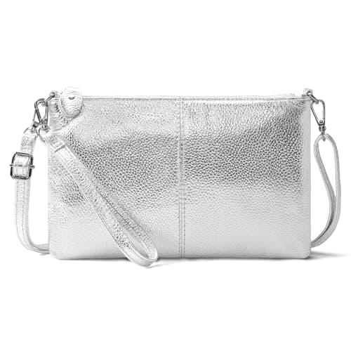 befen Small Genuine Leather Crossbody Bags for Women Wristlet Clutch Wallet-Silver