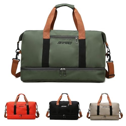 HUANYO Multifunctional Sports Gym Travel Duffel Bag for Men Women, Weekend Carry On Overnight with Shoe Compartment & Luggage Sleeve, Black/Green/Khaki (Olive drab)