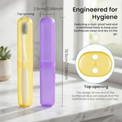Admygo 2pcs Travel Toothbrush Case, Toothbrush Cover for Travel with Drain Hole, Matte Yellow Purple Toothbrush Case Storage Box for Travel Camping School Business — view 2