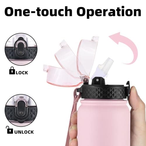 OLDLEY Stainless Steel Water Bottle with Straw 1L Vaccum Insulated Large Drink Flask Metal Water Bottles 1 litre Leakproof Keep Drinks Hot Cold for Bike Camping Sports Gym Adult Women Men(Pink, 1 Lid) — view 4
