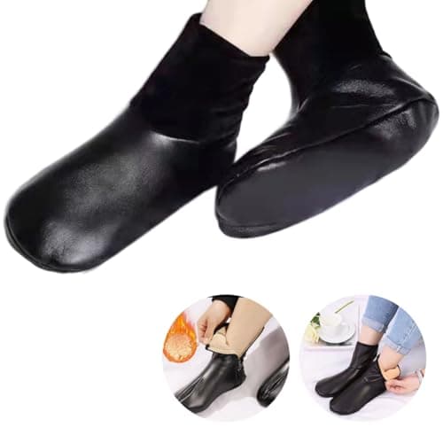 XAGMODSHN Women Men Winter Warm PU Faux Leather Slipper Socks Fleece Lined Thermal Indoor Outdoor Home Slip Middle Tube Socks — view 4