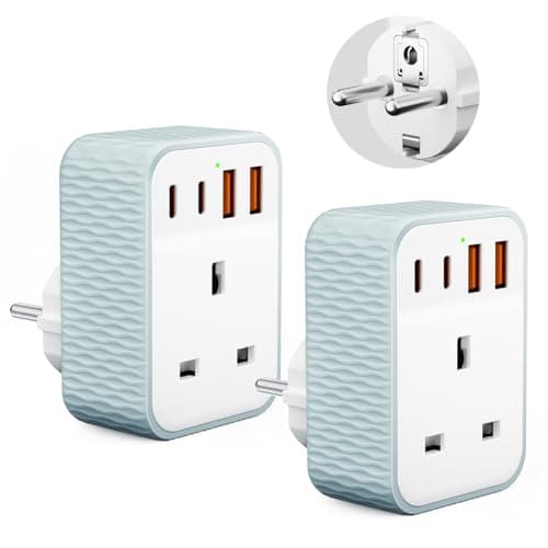 Vecbmn 2 Pack UK to European Plug Adapter, EU Schuko Travel Adaptor with 4 U-S-B Ports(2 USB C & 2 USB A), Travel Adaptors UK to EU for Germany Spain France Poland Netherlands Iceland(Type E/F)
