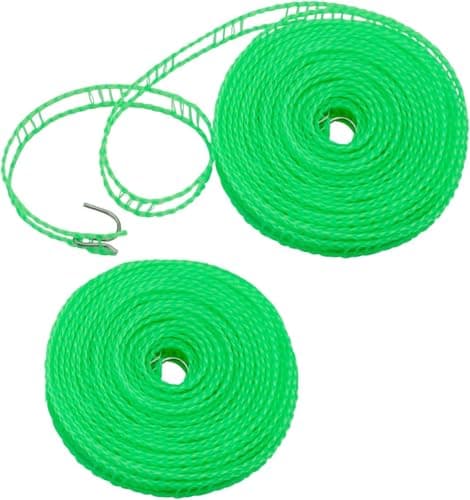 2 Pack Windproof Portable Clothesline with 16ft Rope & 2 Hooks - Compact Fence-Style Non-Slip Laundry Line for Travel, Camping & Outdoor Use, Green