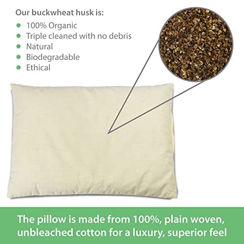 rucomfy Beanbags Organic Buckwheat Husk Bed Pillow in Plain Woven Unbleached 100% Cotton. Breathable Cooling Cushion for Enhanced Sleep. Supportive Pillow to Help Neck Pain. Arrives Filled (33 x 41cm) — view 3