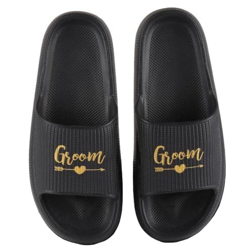 Fabstory Groom Slides for Men Black Groom Sandals for Bachelor Party Wedding Day Gifts, Black, 9.5-10.5 — view 4