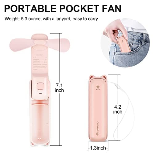 LYMYBETY Portable Handheld Fan, USB Rechargeable Mini Hand Held Travel Fans, Folding Pocket Fan 3 Speeds, 24 Working Hours, Small Personal Desk Fan Flashlight Home Travel Outdoor Use, Pink — view 2