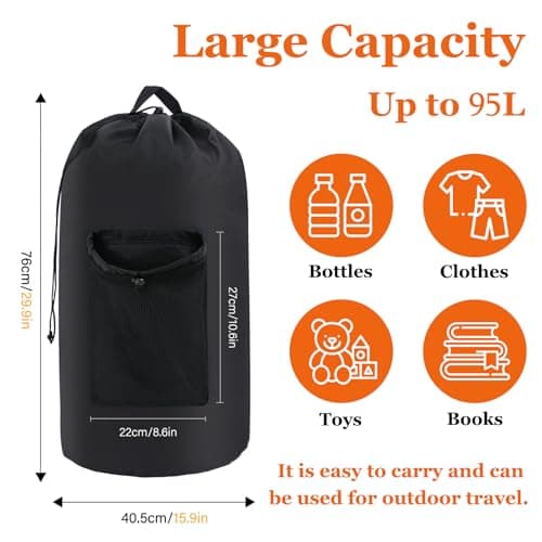 IHOMAGIC Travel Laundry Bag with Pocket, 95L Foldable Laundry Basket, Hanging Laundry Hamper with Shoulder Straps, Sturdy Travel Backpack, Large Storage Bag for Camping, Dorm, Apartment, Black — view 2