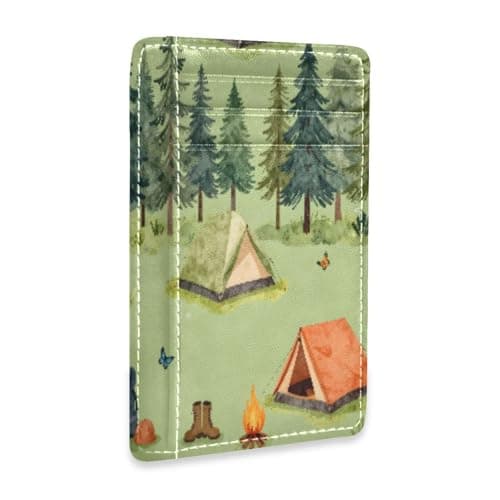xigua Slim Wallet Front Pocket Leather RFID Blocking Credit Card Holder Camping-Tents-Forest-Illustration-Nature-Tree Minimalist Wallets