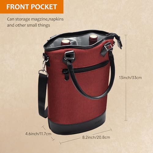 Kato Tirrinia Wine Cooler Bag Insulated Leakproof Padded Portable Wine Carrier with Strap 2 Bottle Wine Bag for Camping Travel Beach Picnic Gift for Wine Lovers Red — view 6