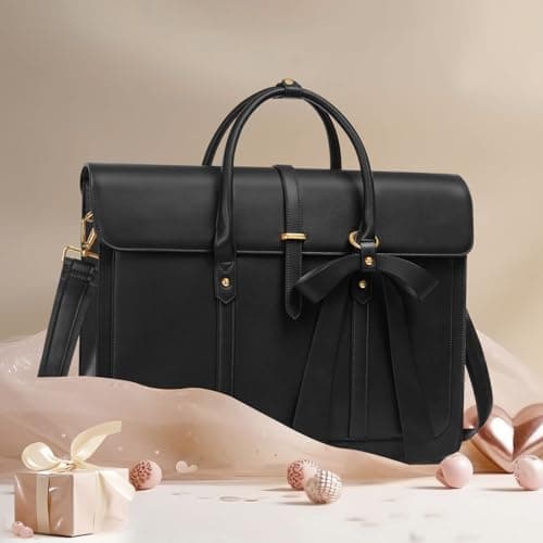 MOSISO Laptop Bag for Women,16 inch PU Leather Computer Bag, Black — view 3