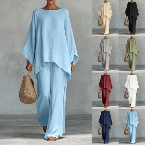 Lounge Wear Set Women Casual Linen Tracksuits 2 Piece Outfits Loose Summer Co Ord Set Ladies Long Sleeve Tunic Tops Pullover Elastic Waist Wide Leg Trousers Holiday Beach Travel Wedding Party Uk S-2XL — view 5