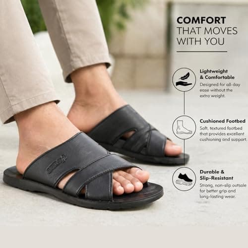 ShuCentre Aerosoft Mens Comfort Leather Look Summer Holiday Walking Flip Flops Slip On Mules Sandals (Black, UK Footwear Size System, Adult, Men, Numeric, Medium, 10) — view 2