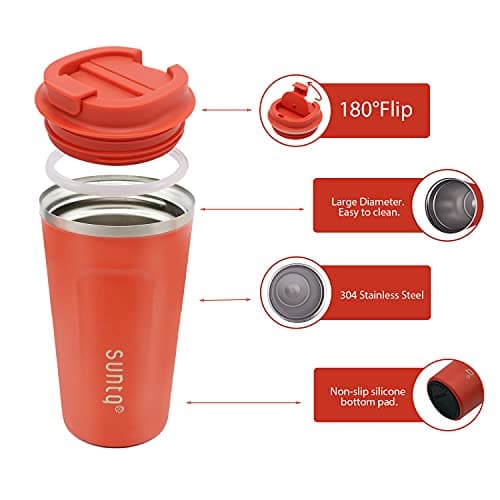 SUNTQ Reusable Coffee Cups Travel - Coffee Travel Mug with Leakproof Lid Stainless Steel Coffee Travel Cup (Tangerine, 18oz/510ml) — view 3