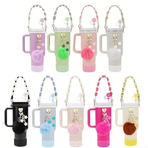Silicone Cup Chain Accessories 7PCS for 30oz and 40oz Hydration Bottles with Hand Strap and Wool Ball Pendant for Secure Handling (black) — view 5