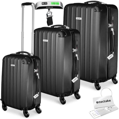 tectake® 3-Piece Hard Shell Suitcase Set in Durable & Shock-Resistant ABS with 3-Step, Telescopic Handles, Combination Locks, Smooth 360° Wheels, Luggage Scale & Tags, Dividable Interiors - Black
