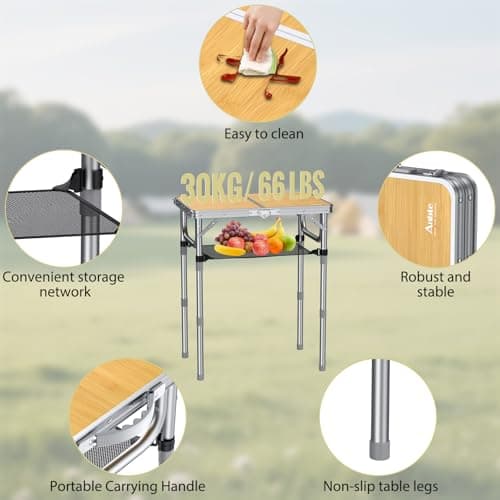 Anbte 2ft Camping Table Foldable, 3 Adjustable Heights High 27.5" Aluminum Small folding table with Carrying Handle, Portable, for Outdoor Indoor Picnic Beach BBQ Travel, 24" x 16", Light Oak Grain — view 5