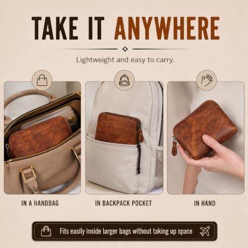 TheAntiq Leather Cosmetic Bag Small Makeup Pouch Zip Leather Toiletry Organiser Mini Travel Dopp Kit Compact Leather Case 5x4x2.5 Inch Tan — view 6