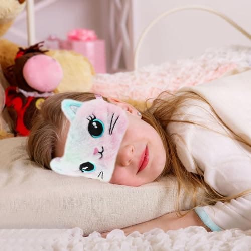 2 Pack Sleeping Eye Mask Soft Plush Eye Mask Cute Animal Sleeping Eye Shade Night Eyeshade Cover for Girls Boys Travel Nap Party Supplies (Colorful, Cat Style) — view 5