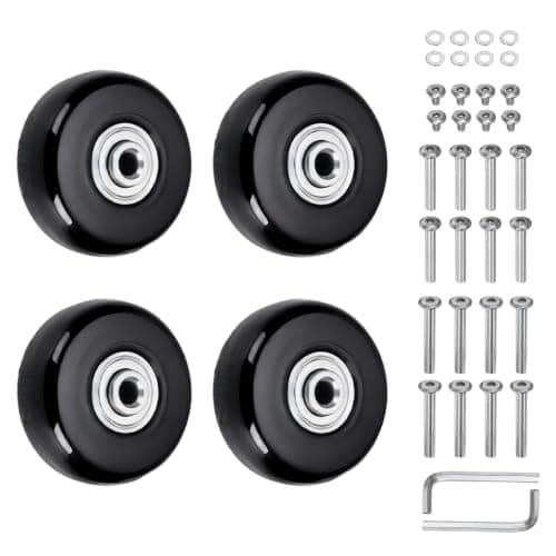 4 Pack Suitcase Replacement Wheels 50 x 18mm, Rubber Luggage Wheels with Double Bearings (6mm ID), Repair Kit with Axles, Screws (32mm and 36mm), Spacers and 2 Spanners for Most Suitcases