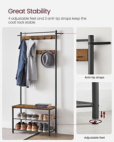 VASAGLE Coat Rack, Hallway Cabinet, Cloakroom, Clothes Rack, with Bench and Shoe Shelves, Hooks, Metal Frame, Height 175 cm, Industrial Style, Rustic Brown and Black HSR41BX — view 5