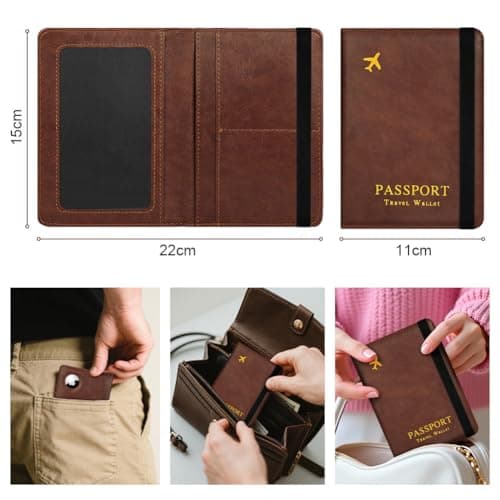 AOOSU Airtag Wallet Passport Holder Cover, PU Leather Passport Cover with RFID Blocking Travel Wallet, Portable Universal Travel Wallets Case Organiser for Money, Boarding Passes, Credit Cards Brown — view 2