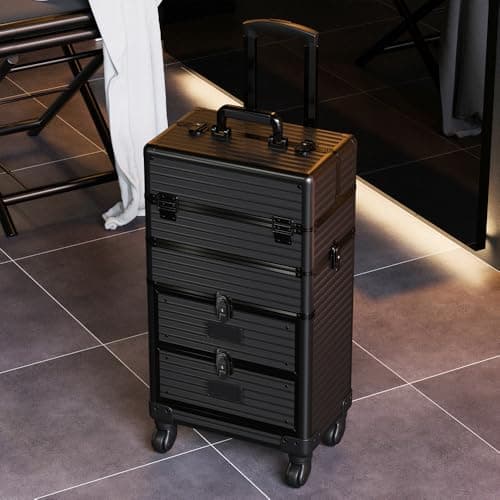 Warmiehomy Makeup Case 4-in-1 Tall Vanity Case Makeup Trolley Professional Beauty Trolley on Wheels Large Makeup Organizer Suitcase Cosmetic Storage Box 2 Drawers for Women 36x23x62cm（Black） — view 5