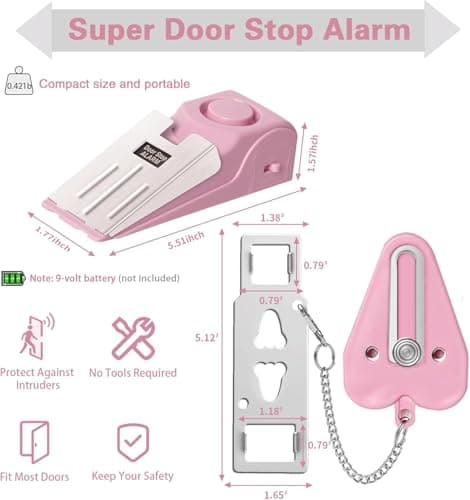 Portable Door Lock & Door Stop Alarm Set, Dual Protection Home Security Door Kit, Travel Hotel Lock Devices Pocket Self Defensey Tools for Traveling Hotel Home Apartment (Pink) — view 2