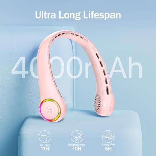 ITSHINY Bladeless Neck Fan, Portable Neck Fan, Cooling Hanging Neck Fan, 4000mAh Mini Cooling Fan, Personal Neck Fans Rechargeable with 3 Speeds LED Light for Women Man Home Office Travel Outdoor — view 2