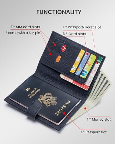 Karmiir RFID Passport Holder for Travel, Compact Wallet for Women & Men, Leather Passport Cover Wallet with Card Holders Zippered Coins Pocket and Cash (Blue-Black) — view 2
