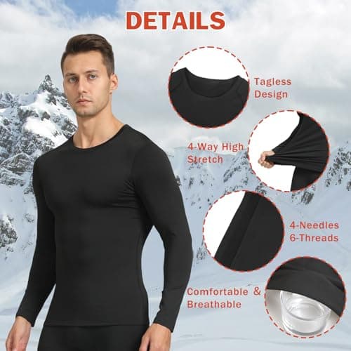 HYCOPROT Men's Thermal Long Sleeve Shirts Fleece Lined Base Layer Stretchy Breathable Compression Tops Sports Keep Warm Undershirt Winter Athletic Workout Top for Running Cycling Skiing (Black, S) — view 3