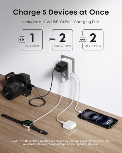 Anker Universal Travel Adapter 5-in-1 for UK/EU/US/AU, 20W USB-C + 4 USB Ports, Compact Power Plug Converter with AC Socket for 200+ Countries | Ideal for UK Travel & EU Expats (White) — view 3