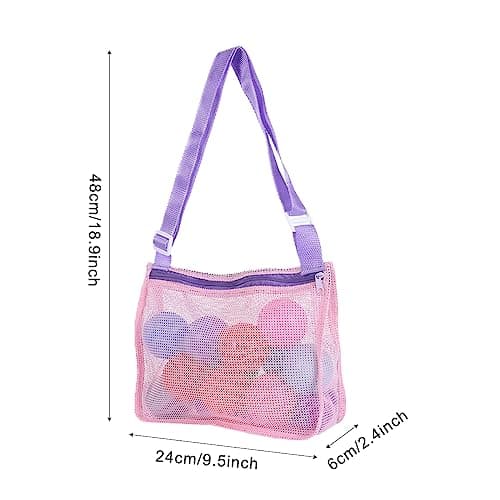 GLADFRESIT Mesh Beach Bag - Shell Net Tote for Seashell Collecting and Beach Accessories (Pink Purple Band) — view 3