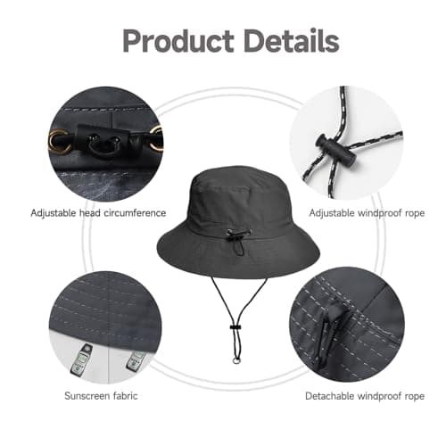 AHRLIC Waterproof Bucket Hat for Men and Women, Foldable Boonie Sun Hat with Wide Brim, UPF 50+ UV, Adjustable Chin Strap, Quick Dry Rain Hat for Fishing, Hiking, Camping, Travel and Outdoor Use Grey — view 4