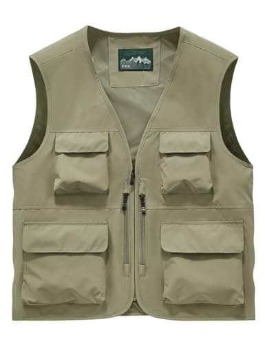 Sukany Men's Safari Utility Fishing Vest Work Travel Cargo Gilet Tool Military Tactical Shooting Waistcoat Outdoor Clothing Multi Pocket Jacket Fisherman Costume Khaki M