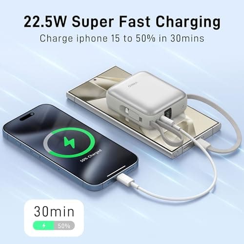 VINKO Small Power Bank with Built-in Cable,10000mAh Fast Charging Power Bank, 22.5W USB C Portable Charger, Mini Battery Pack for iPhone 16 15 14 13 Samsung Galaxy Google Android (White) — view 4