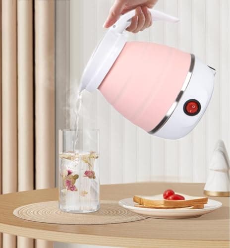 Gziztx Collapsible Electric Kettle 0.6L Portable Travel Kettle Mini Silicone Camping Kettle for Camping, Business Trip, Travel, Hiking, Quick Cooking (Pink)