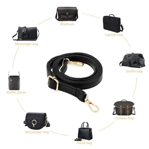 Telooco Leather Shoulder Strap Replacement 85-150cm Adjustable Leather Belt for Purse Crossbody Handbags(Black Strap, Gold Buckle) — view 4