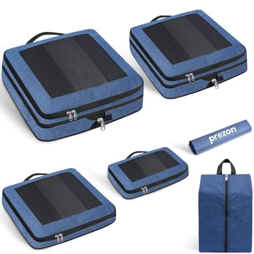 Prezon Compression Packing Cubes for Carry on Luggage, Full Open & Mesh Visible Design, 6 Set Expandable Travel Packing Organizer with Laundry Bag and Shoe bag for Vacation, Camping, Business