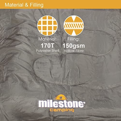 Milestone Camping Rectangular Sleeping Bag for Adults & Kids | Insulated 2 Season for Camping, Hiking, Outdoor Holidays | Grey & Orange | Packs Down Tight | 170cm x 75cm (Pack of 2) — view 6