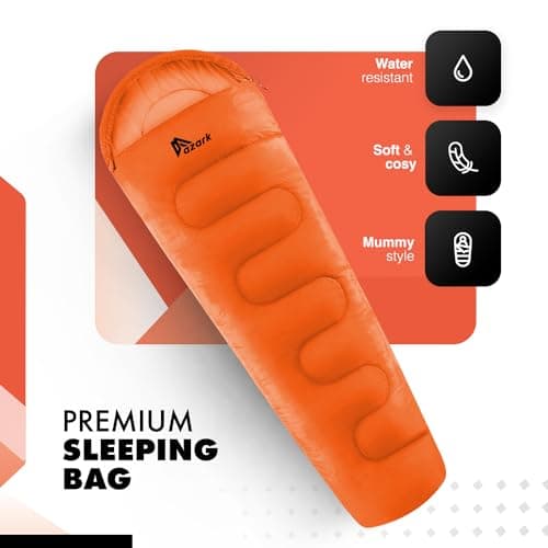 azark Premium Sleeping Bag, 350GSM, Lightweight and Waterproof, 4 Seasons of Camping, Hiking and Outdoors, Sleeping bag for Adults & Kids (Orange) — view 3