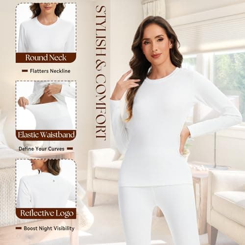 AMZSPORT Women's Thermal Underwear Set, Long Johns Fleece Base Layer, Winter Warm Long Sleeve Top & Soft Leggings for Ladies White M — view 3