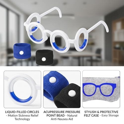 1 Piece Travel Sickness Glasses, Anti-Motion Sickness Smart Glasses Relieve Carsickness Airsickness Seasickness Glasses, Comes with 2 Pairs of Wrist Guards (Blue, Black) and 1 Glasses Bag — view 3