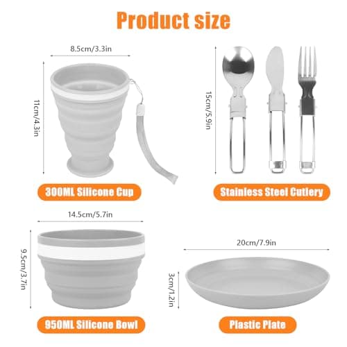 Camping Cutlery Set for 1, Folding Camping Plates and Bowls Set, 7 Pcs Camping Mess Kit Include Knife, Spoon, Fork, Cup, Bowl & Plate, Camping Utensils, Crockery Sets for Travel Outdoor Hiking Picnic — view 3
