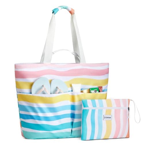 G4Free Foldable Beach Bags for Women, Sandproof Waterproof Beach Tote Bags with Double Handle, Lightweight Compartment Pool Travel, Rainbow Ripples