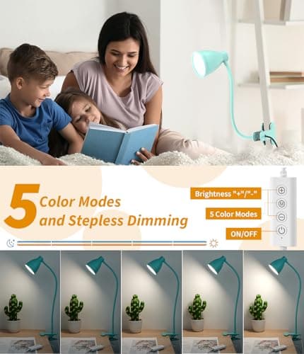 BOHON Desk Lamp with Clamp, 10W 38 LED Clip on Light, 3 Color 10 Brightness Auto Off Timer, Flexible Gooseneck Clip Lamp, Desk Lights for Office Home Bed Bedside Reading, Adapter Include, Teal — view 3