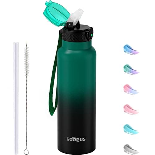 GOPPUS 750ml/26oz Stainless Water Bottle with Straw Double Wall Insulated Bottles with Strap Reusable Vacuum Thermal Flask Leakproof Keep Cold Drinks Bottles with Flip Top Lid BPA Free (Green Black)