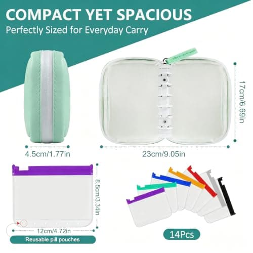 A8 Waterproof Pill Organizer Set with 14 Color-Pill Pouches, 7-14 Day Travel Pill Organizer Pouch, Large Weekly Travel Medicine Organizer, Portable Reusable Binder Design Zippered Pill Storage Box — view 5