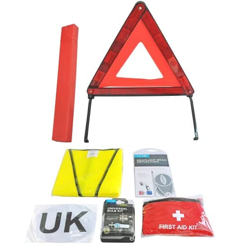 Simply ETK1 Europe Travel Kit. 7 Piece Set includes Warning Triangle, Reflective Vest, Headlight Beam Converters, UK Plate, Bulb Kit and FIRST Aid Kit — view 2