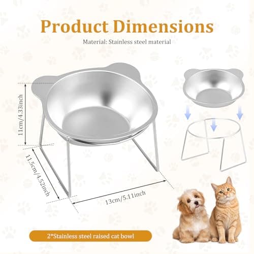 2Pcs Elevated Cat Bowls, 15° Tilted Raised Stainless Steel Cat Food and Water Bowl Set Anti-Vomit Neck Protection Pet Feeding Station for Indoor Cats & Small Dogs, Dishwasher Safe — view 2